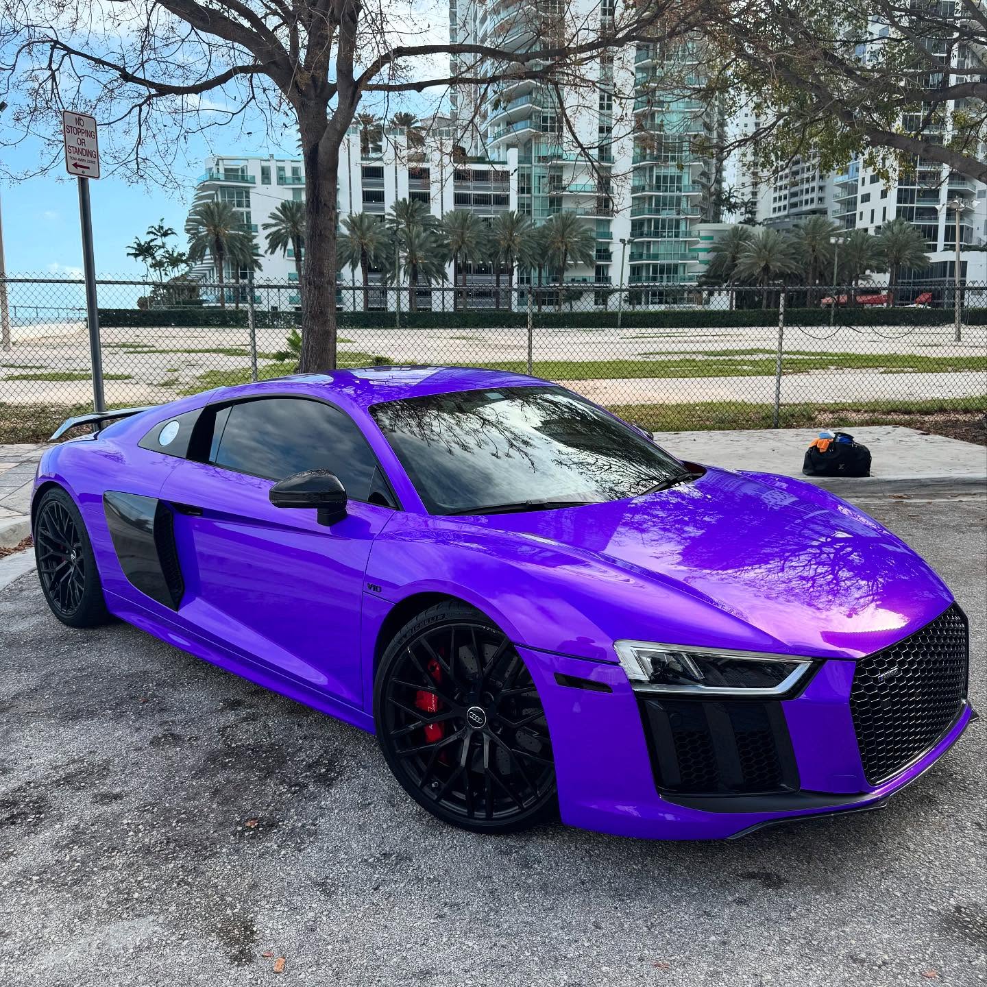 Second view of purple Audi R8 colored PPF installation