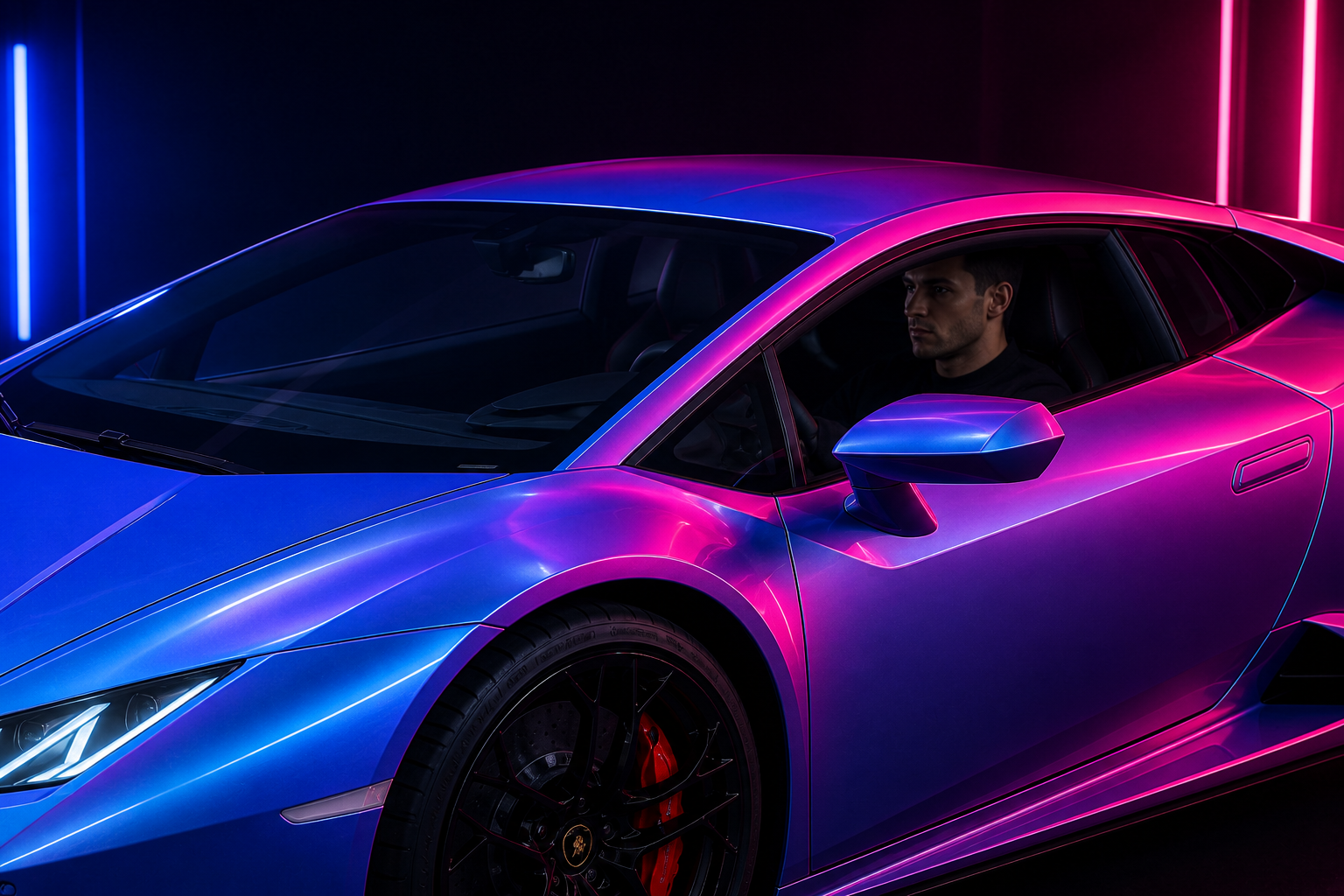 Blue and pink color-shifting exotic sports car with its windshield and side window visible